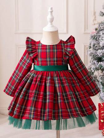 SHEIN Glamorique Kids Baby Mädchen Rundhals Rüschen Langarm Karomuster Lässig Kleid, für Weihnachten