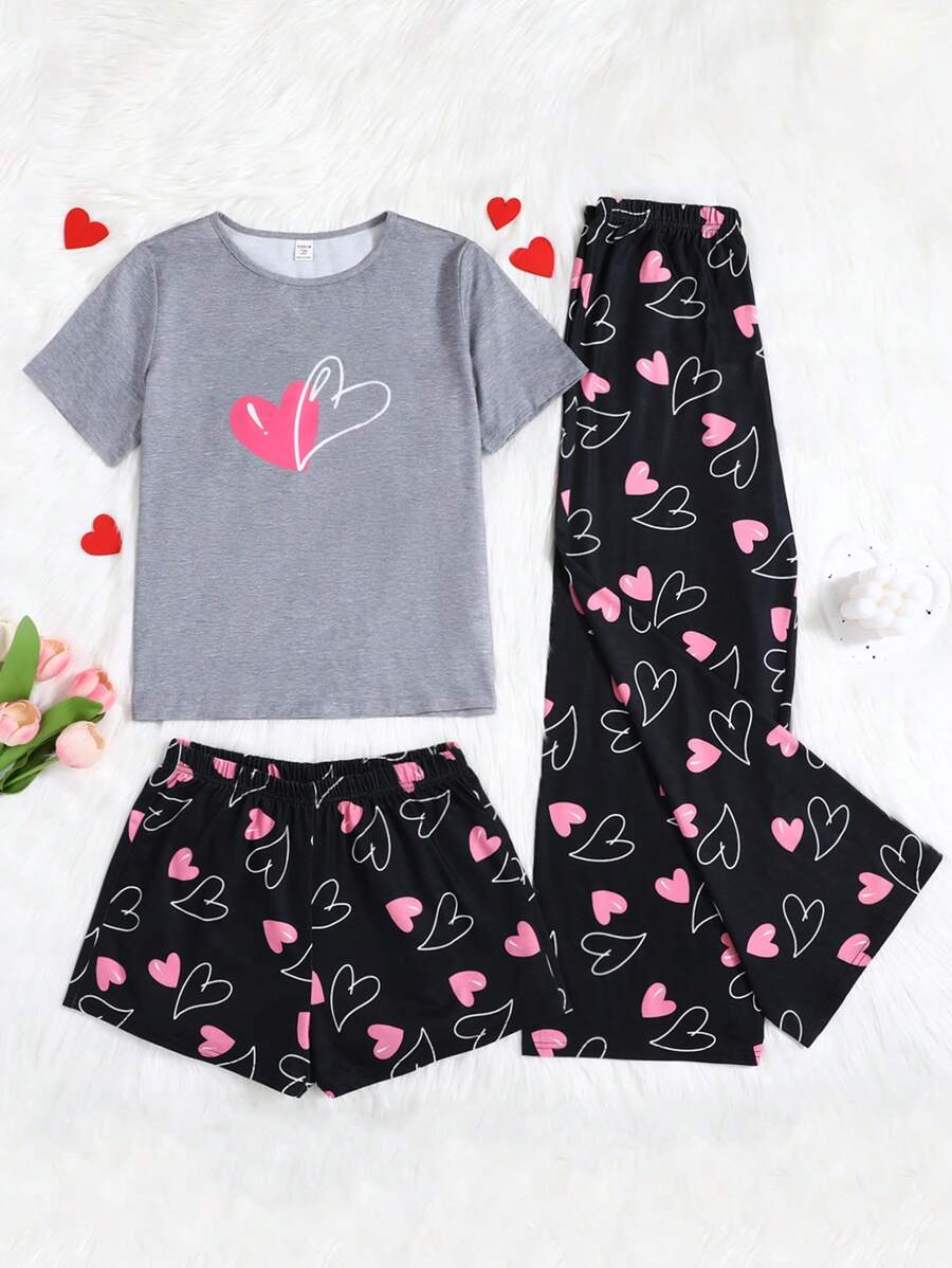 SHEIN 少女心形圖案短袖T恤+直筒褲+短褲針織舒適休閒防火家居睡衣套裝3件 - 彩色 - 查看 1