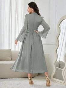 Modelyn Ladies Stand Collar Long Sleeve Pleated Elegant & Graceful Midi Dress Long Evening Dresses - Mint Green - View 2