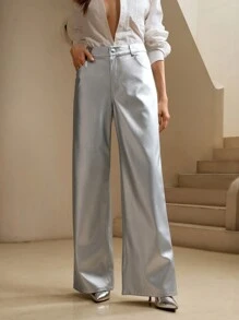 Anewsta 女式时尚都市金属银色直筒阔腿裤 - 銀色 - 查看 4