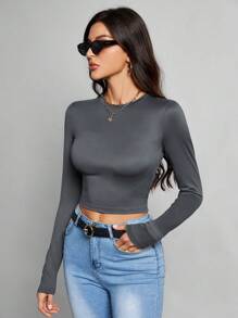 SHEIN Tall 3 件套休闲简约圆领长袖紧身短款女式 T 恤 - 黑與白 - 查看 8