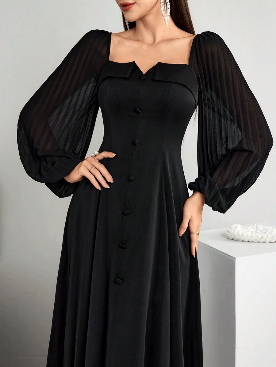 Modelyn Women's Notched Neck Long Sleeve Elegant Charming Arabian Modest Dress Long Evening Dresses - Black - View 1