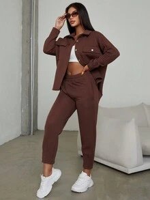 EURMUSE 翻蓋口袋落肩袖外套和褲子