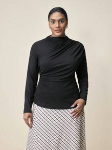 Maija 大码女式春夏纯色腰部褶皱长袖针织 T 恤秋季女装黑色长袖紧身衣 - 黑色 - 查看 4