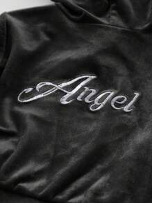 SHEIN 2 件装女婴天鹅绒连帽夹克和松紧腰裤套装，时尚可爱 - 黑色 - 查看 6