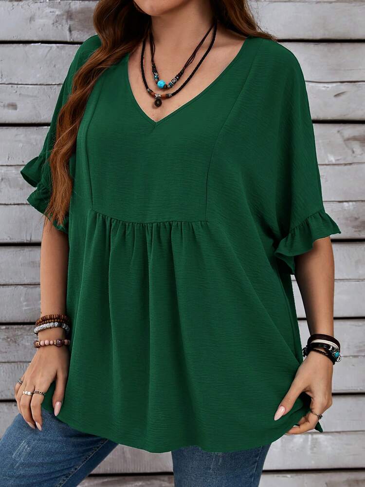 Plus Size Women's Vacation Casual Dark Blue Mom Shirts With Ruffled Sleeves For Summer