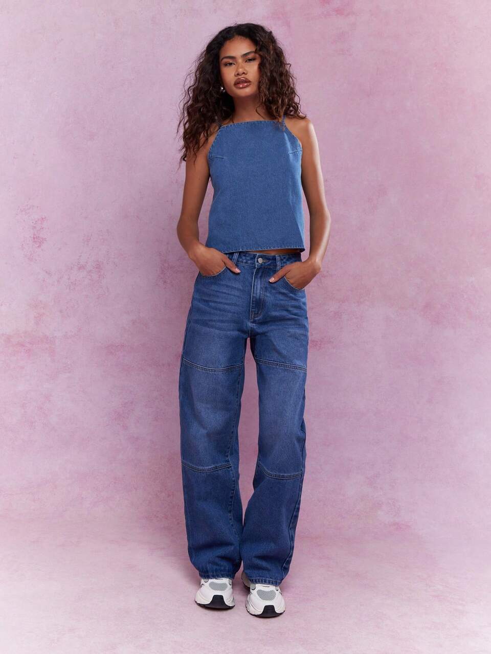 MISSGUIDED 스파게티 어깨끈 데님 백리스 캐미솔 탑