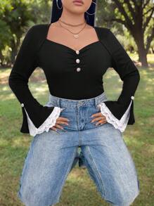 Calvaya Plus Size Elegant Square Collar Patchwork Lace Long Sleeve Work Blouse - Black - View 3