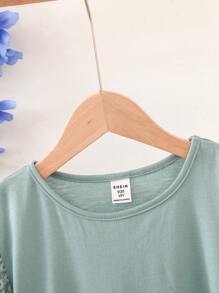 SHEIN Tween Girl  Plain Round Neck Loose Casual Vacation Short Sleeve T-Shirt - Cadet Blue - View 3
