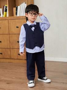 SHEIN 2 件套年轻男孩多件套正装 - 包括条纹撞色领衬衫、撞色领结和纯色裤子，适合上学、度假、婚礼、生日派对、秋冬季 - 藍色 - 查看 7