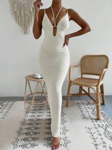 SHEIN Swim 深 V 领细肩带露背优雅度假罩衫连衣裙，音乐节夏季 - 白色 - 查看 4