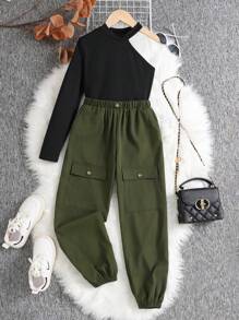 SHEIN 2pcs Tween Girls Casual Knit Long Sleeve Top And Pants Set - Multicolor - View 1