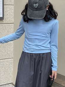 DAZY 1 件女童纯色休闲百搭 T 恤 - 藍色 - 查看 1