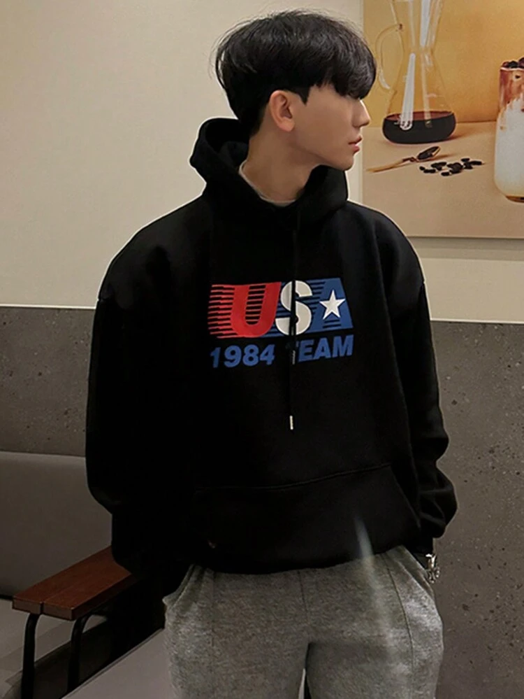 Men's Drawstring Letter & Number Print Hoodie, Streetwear Style, Autumn