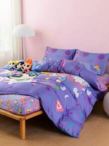THE POWERPUFF GIRLS X SHEIN Cute Cartoon Figures And Pillow Pattern Comfortable Duvet Cover Set
