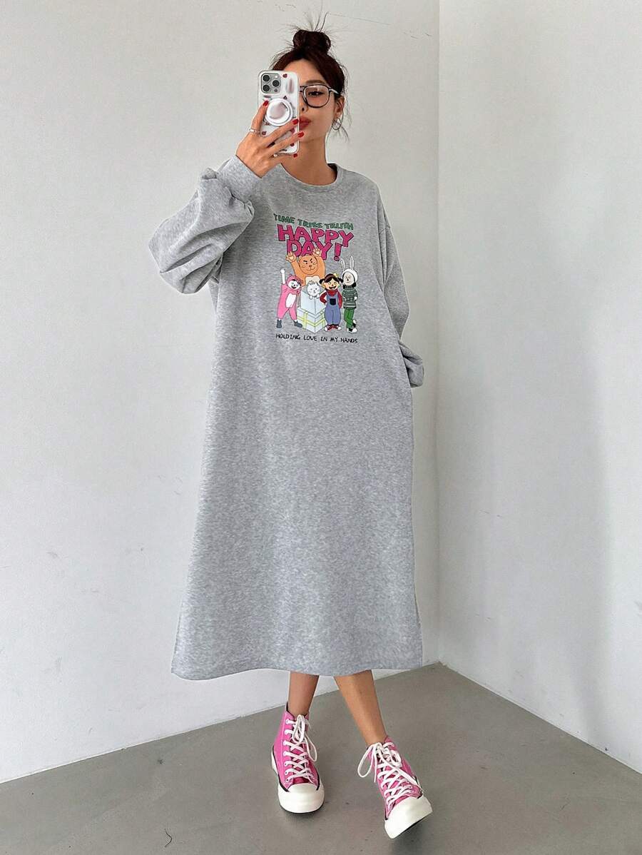 DAZY Women's Loose Cute Printed Fleece Sweatshirt Dress,Fall Clothes,Back To School Clothes - Grey - View 1