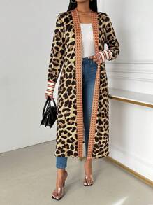 SHEIN Clasi 女士豹纹拼布长袖休闲开衫 - 卡其色 - 查看 5
