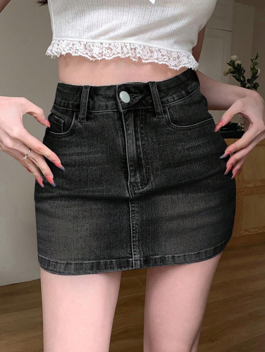 DAZY 女式水洗做旧牛仔迷你裙牛仔裙 - 黑色 - 查看 1