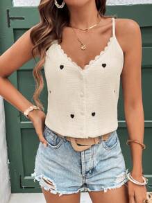 SHEIN Frenchy 女士秋季撞色蕾丝心形刺绣休闲吊带背心、美国背心、返校服装、教师服装、复古款、简约 - 杏色 - 查看 3