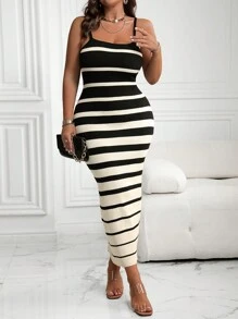 SHEIN Clasi Plus Size Women Striped Long Fitted Knit Suspender Sweater Dress, Autumn And Winter Fall - Apricot - View 3