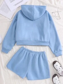 SHEIN 2pcs Teen Girls' Thermal Lined Hoodie And Shorts Set, Casual Sports Outfit For Fall & Winter - Blue - View 2