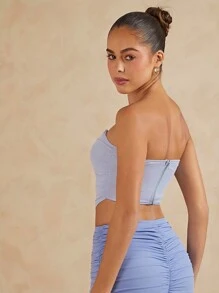 Hauture Vêtements d'automne pour femmes, Top tube simple de style quotidien en couleur unie bleue avec baleines, corset, Top transparent asymétrique, Top de pays, Top court, tenue de sortie - Violet - Voir 2