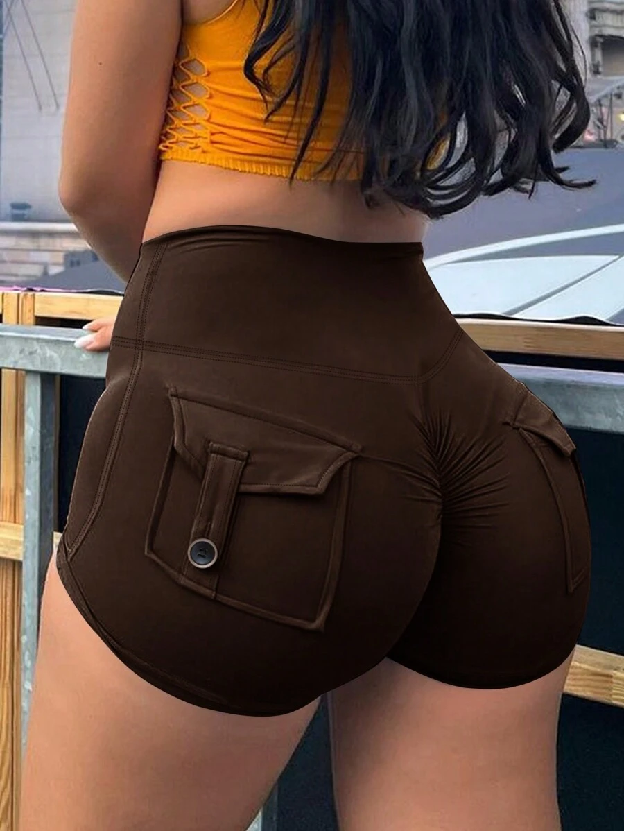 Quần short cargo cạp chun rộng kiểu Y2K, nâng mông và tạo dáng, phù hợp cho tập thể dục, thể thao và mặc thường ngày vào mùa hè. - màu nâu - Xem 1