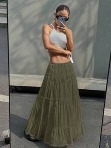 SHEIN EZwear Women's Solid Color Tie-Waist Ruffle Hem Long Casual Skirt - Olive Green - View 6