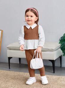 SHEIN 2pcs Baby Girls Casual Cute Knitted 2 In 1 Spliced Collar Long Sleeve Top & Elastic Waist Pants Set