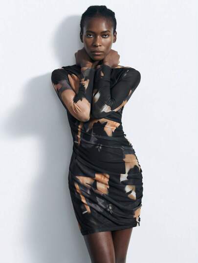 Maija Women's Black Early Spring Ruched Tie-Dye Pattern Fashionable Versatile Sexy Fitted Long Sleeve Mini Dress, Suitable For St. Patrick's Day, Easter, Spring Festival, Music Festival Fall Clothes For Women Black Dress Casual Dresses For Women