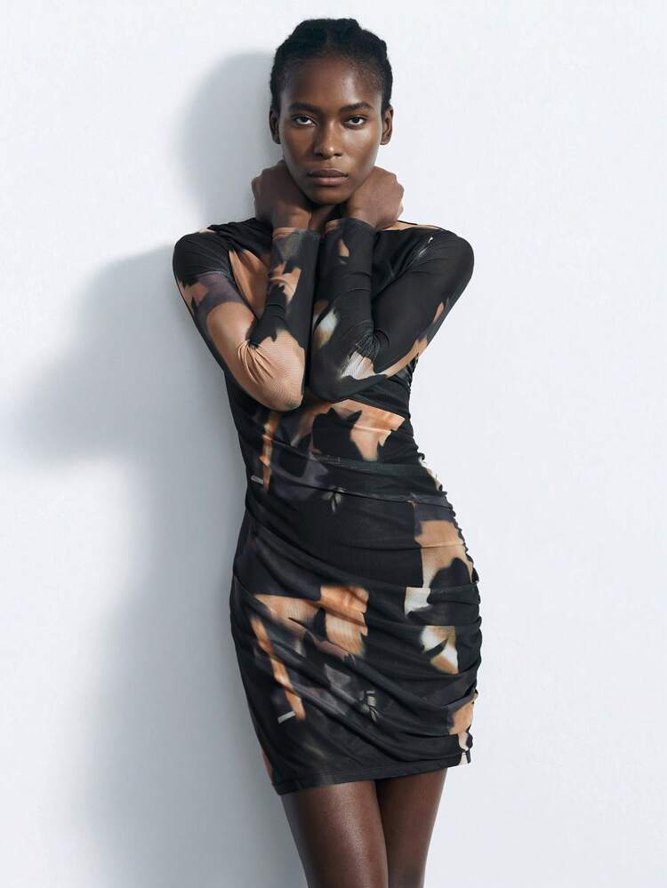 SHEIN Maija Women's Black Pleated Tie-Dye Pattern Fashionable Versatile Sexy Fitted Long Sleeve Mini Dress, Spring Festival, Music Festival, Casual Black DressWomen Easter Summer Outfits Easter Dress Women Party Top Beach Dress Summer Holiday Outfits Each Vacation Outfits For Women  Summer Outfit For Women Going Out Outfits Graduation Graduation Outfit  Casual Dresses  Casual Blouses For Women