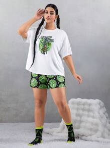 Rick and Morty X SHEIN Plus Size Casual Y2K Streetwear Dark Green & White Simple Line Graffiti Print Size Short Sleeve T-Shirt And Shorts Pajama Set - Multicolor - View 7