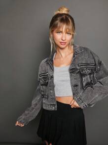 WESTFADE Premium Cotton Denim Cropped Casual Fall Cargo Jacket - Black - View 5