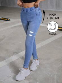 Teen Girl Y2K Elastic Waist Insert Pocket Denim Stretch Pants, Fall Back To School Cute - Light Wash - View 1