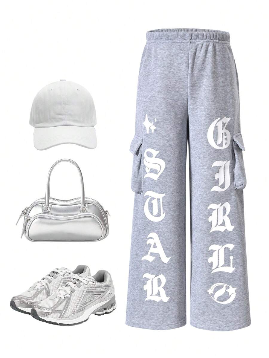 少女字母图案工装口袋宽松休闲运动裤，返校季，休闲款 - 灰色 - 查看 1