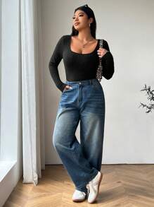 SHEIN EZwear Camiseta de punto de cuello redondo de manga larga, de tela elástica de punto negro, de uso diario y casual, cómoda para yoga, interior y exterior, para mujer de talla grande, para el invierno