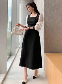 DAZY Đầm lưới mỏng tay dài cổ vuông phối màu cho nữ, xuân thu, bèo nhún - Đen và trắng - Xem 2