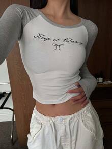 DAZY 女士春夏字母印花圆领短款罗纹长袖 T 恤、图案 T 恤