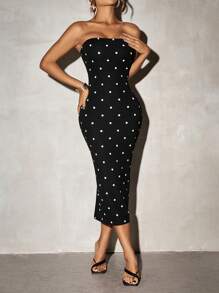 SHEIN SXY Prom Dress;Polka Dot Print Form-Fitting Sexy Mid-Calf Dress,Polka Dot Dress - Black - View 6
