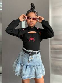 SHEIN 2pcs/Set Tween Girls Spider Embroidery Tank Top And Hoodie Set For Halloween - Black - View 5