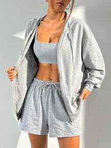 SHEIN EZwear 3pcs/Set Women Casual Dropped Shoulder Hooded Sweatshirt, Tank Top And Shorts Sportswear Set, Spring & Autumn - Grey - View 1