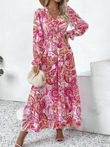 Chiquease Paisley Pattern Cinched Waist Shirred Long Sleeve Flared Midi Dress - Multicolor - View 5