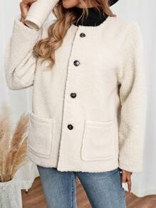 EMERY ROSE Women's Loose Fit Dropped Shoulder Long Sleeve Pockets Fleece Jacket, Autumn/Winter - Apricot - View 3