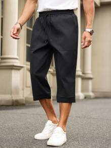 Manfinity Homme 大码男式纯色抽绳腰袋宽松七分裤 - 黑色 - 查看 7