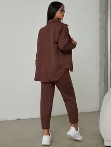 EURMUSE 翻蓋口袋落肩袖外套和褲子