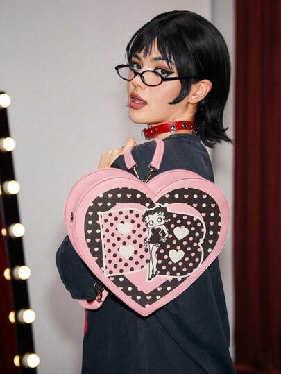 Betty Boop | ROMWE Dual-Purpose Heart Shaped Figure & Polka Dot Print Crossbody Bag Backpack, School
