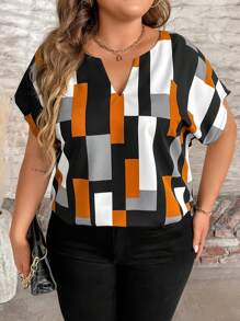 SHEIN CURVE+ 大码夏季休闲几何印花缺口领蝙蝠袖衬衫 - 彩色 - 查看 1