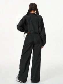 SHEIN EZwear Women's Fall/Winter Preppy Basic Game Day Zip Up Turtleneck Coat And Wide Leg Sweatpants Suit,Two Pieces