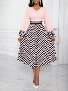 Lunelith SHEIN Lunessa 优雅浪漫女士撞色印花 V 领灯笼袖连衣裙长款女装 - 彩色 - 查看 3