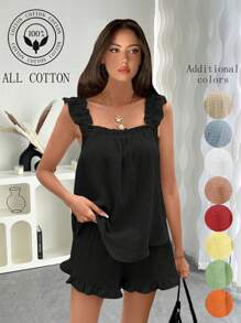 Breezaya Solid Ruffle Trim Top & Shorts - Black - View 1